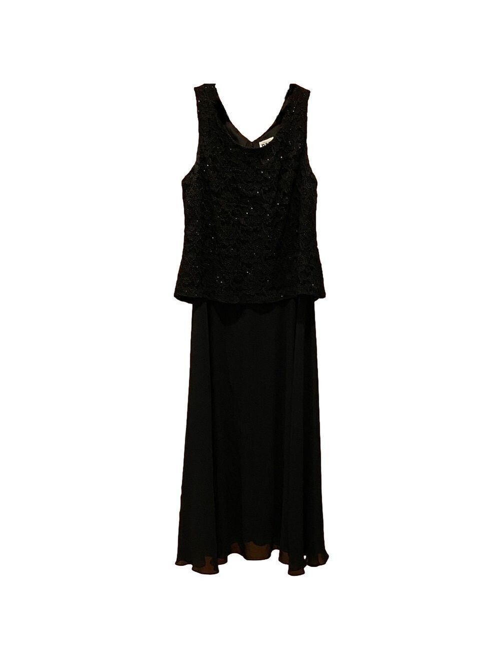 R&M Richards Black Lace Beaded Bodice with Chiffon Skirt Bottom Dress Size 16